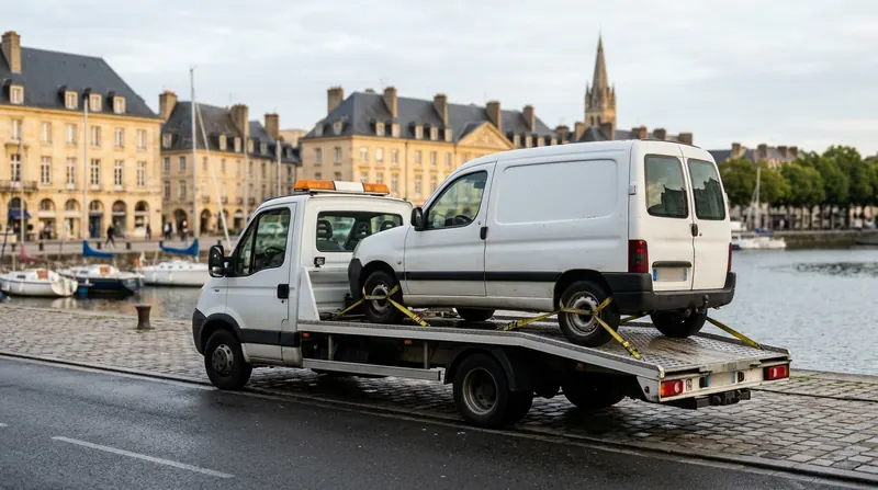 Dépannage auto à Caen : dépanneuse plateau à l'arrêt sur un quai, un utilitaire sanglé sur le plateau