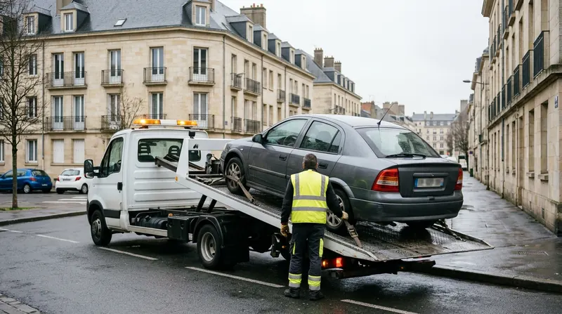 Remorquage voiture à Caen : berline grise chargée sur une dépanneuse plateau dans une rue du centre-ville